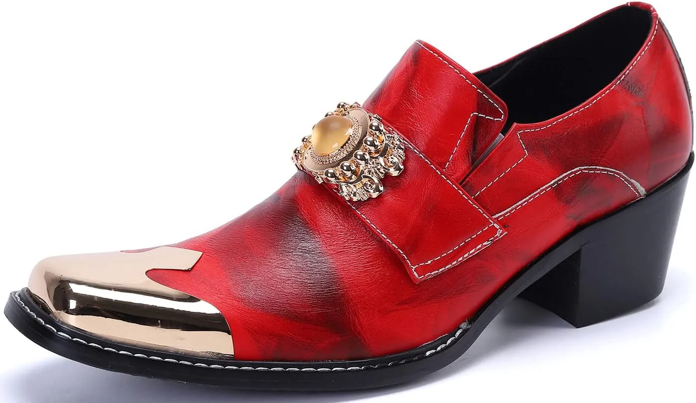 Mens Loafers Casual Dress Tuxedo Slip On Mocassins Yellow Gemstone Metal Square-Toe Genuine Leather Heel Penny Loafers Wedding Party Disco Western Cowboy Ballroom Shoes