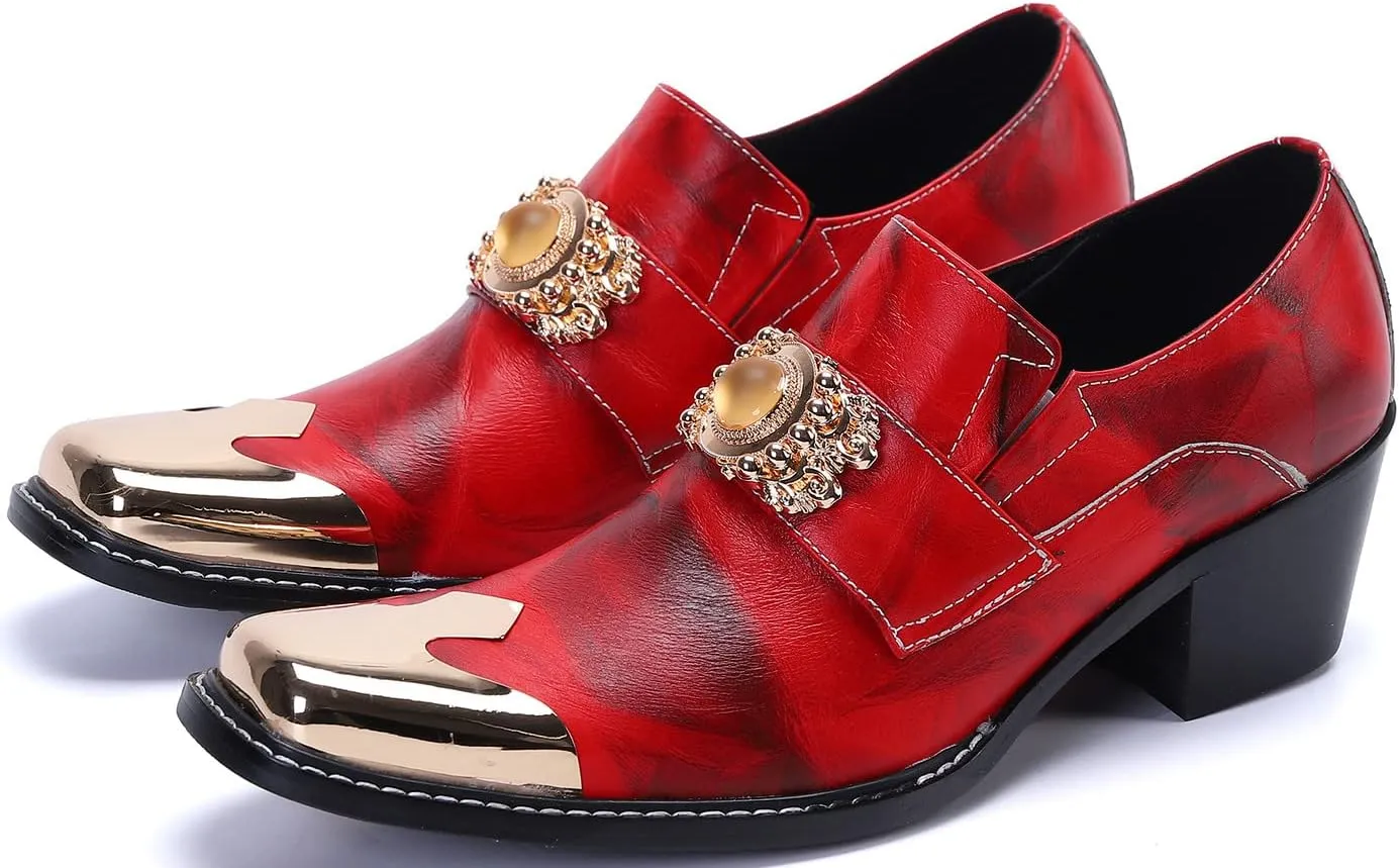 Mens Loafers Casual Dress Tuxedo Slip On Mocassins Yellow Gemstone Metal Square-Toe Genuine Leather Heel Penny Loafers Wedding Party Disco Western Cowboy Ballroom Shoes