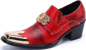 Mens Loafers Casual Dress Tuxedo Slip On Mocassins Yellow Gemstone Metal Square-Toe Genuine Leather Heel Penny Loafers Wedding Party Disco Western Cowboy Ballroom Shoes