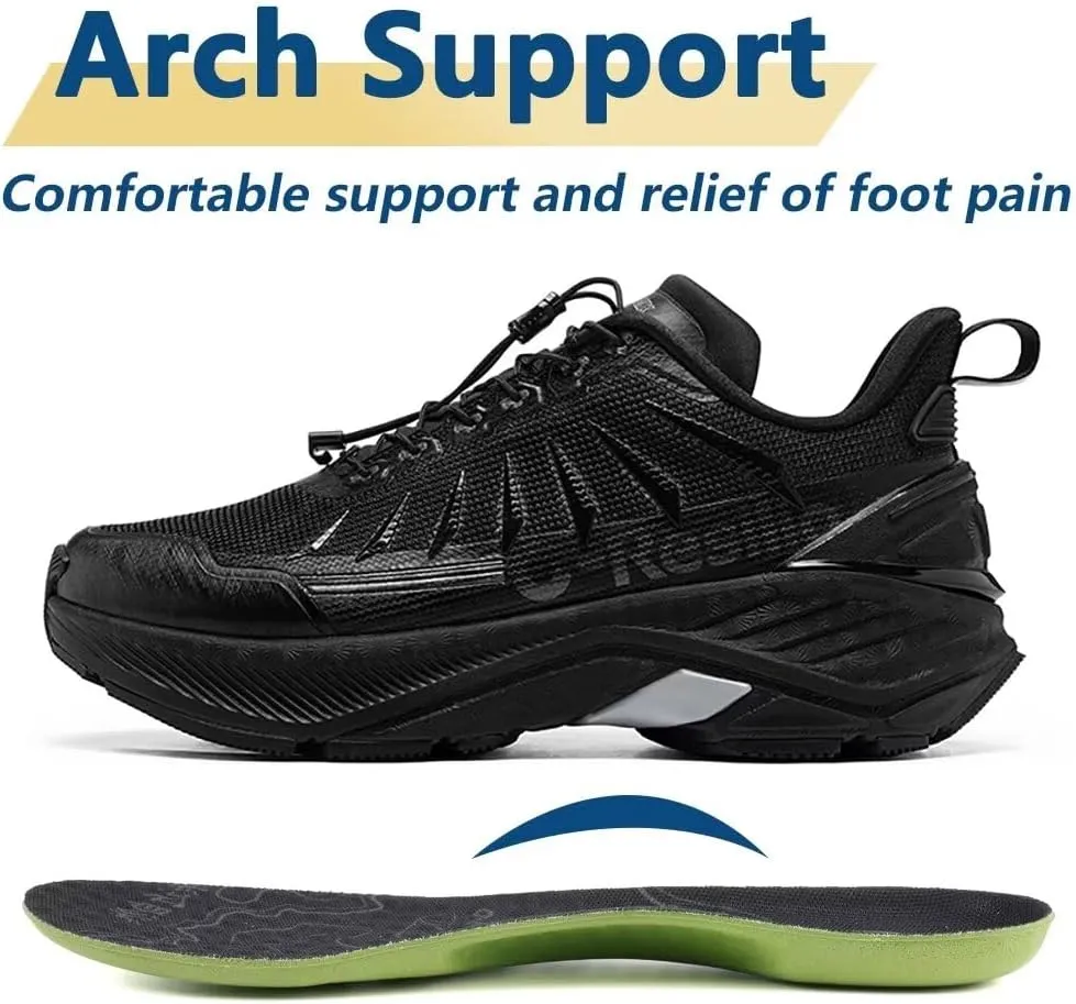 Men's Max Cushioned Quick Laces Hiking Walking Shoes with Arch Support Plantar Fasciitis Pain Relief Breathable Outdoor Trailing Running Sneakers Non Slip Trekking Camping Shoes