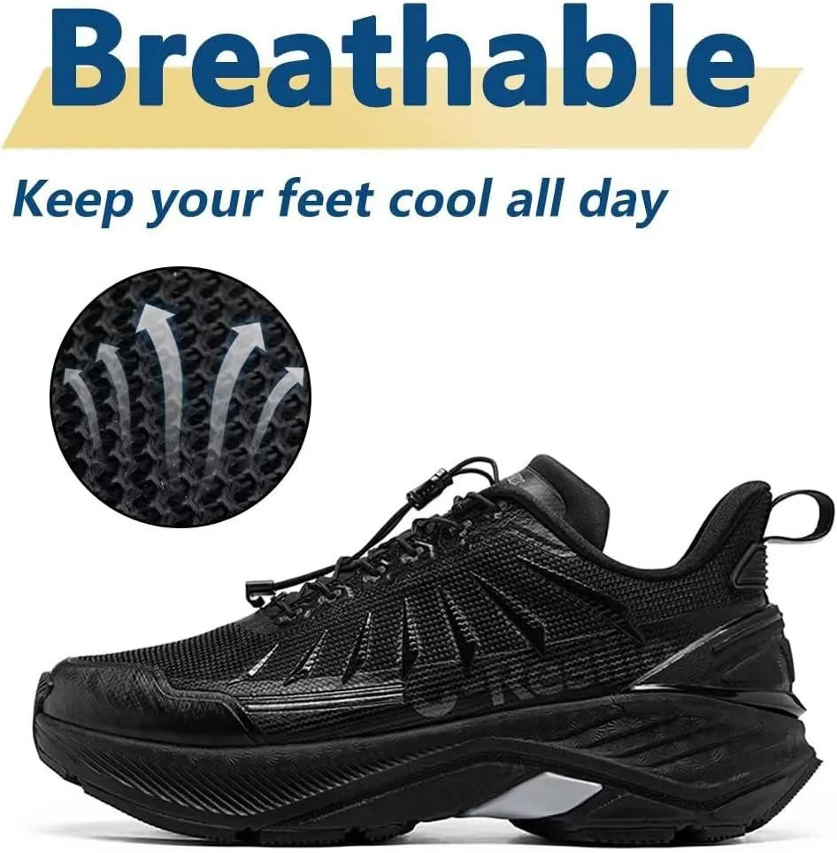 Men's Max Cushioned Quick Laces Hiking Walking Shoes with Arch Support Plantar Fasciitis Pain Relief Breathable Outdoor Trailing Running Sneakers Non Slip Trekking Camping Shoes
