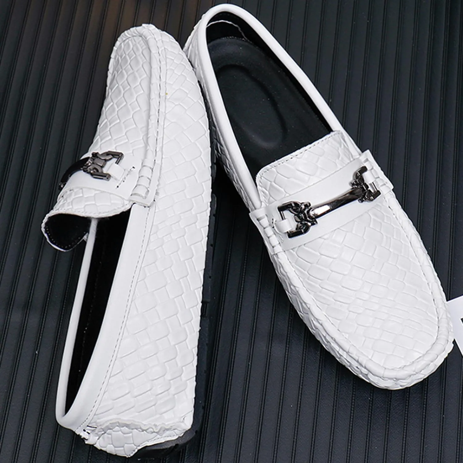 Men's Penny Loafers Woven Leather Driving Loafers Black Slip-On with Buckle Flats Boat Shoes Moccasins
