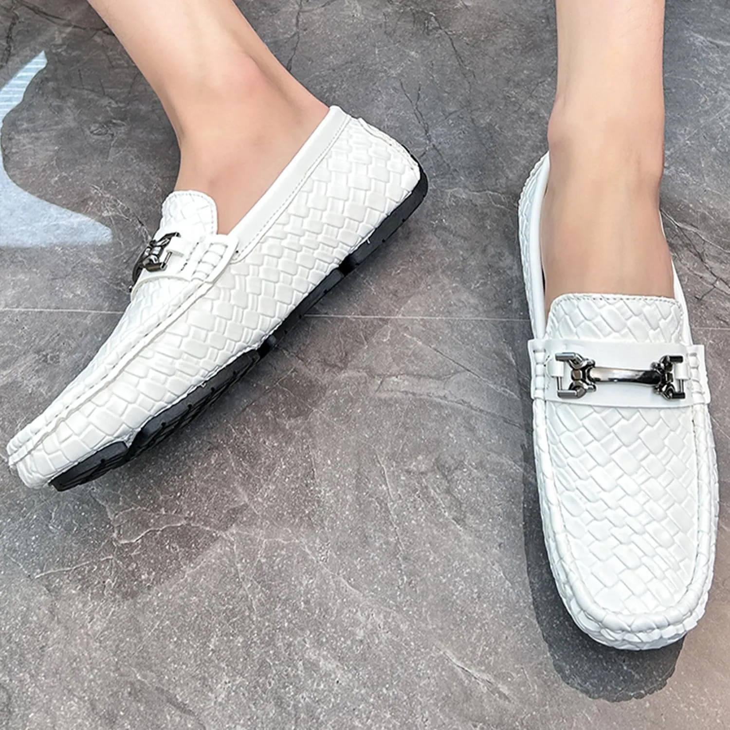 Men's Penny Loafers Woven Leather Driving Loafers Black Slip-On with Buckle Flats Boat Shoes Moccasins