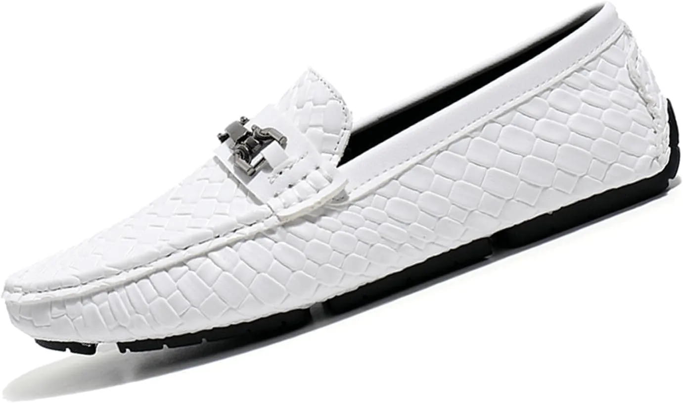 Men's Penny Loafers Woven Leather Driving Loafers Black Slip-On with Buckle Flats Boat Shoes Moccasins