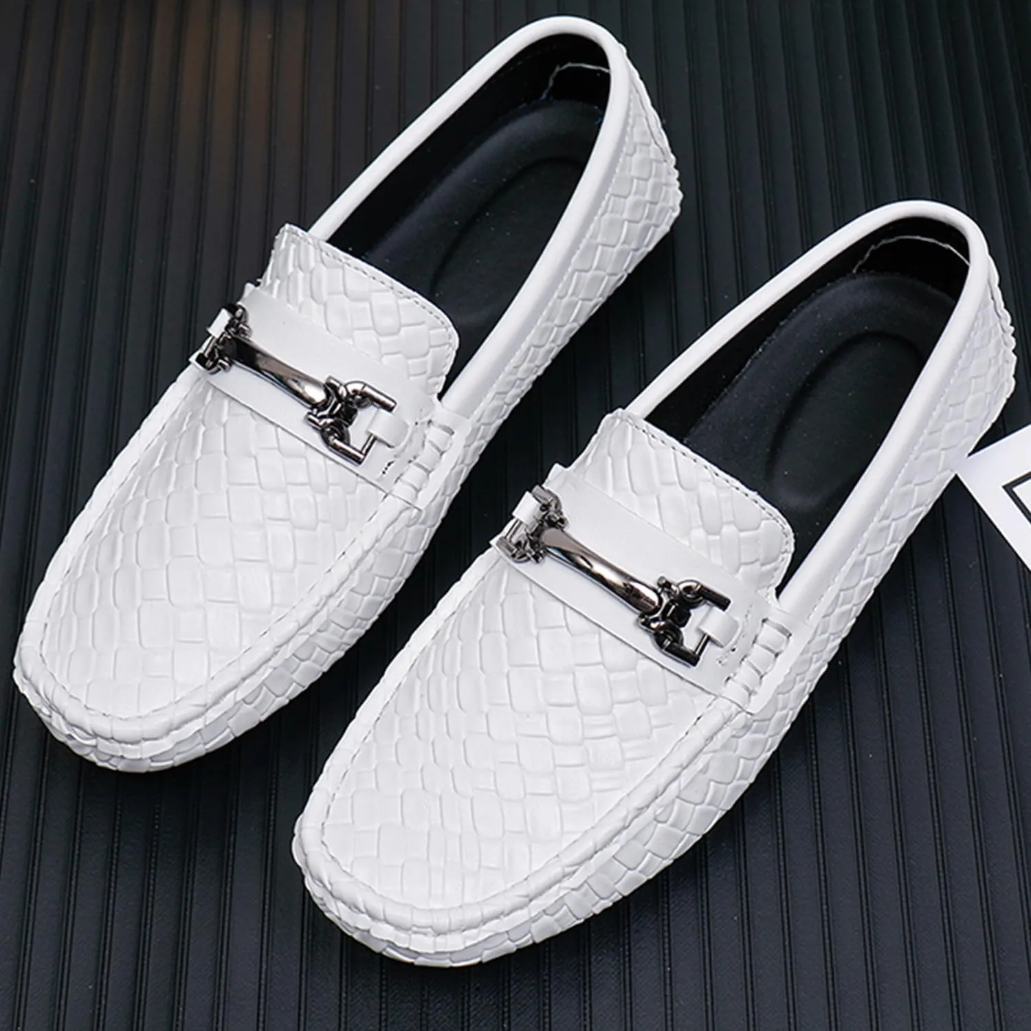 Men's Penny Loafers Woven Leather Driving Loafers Black Slip-On with Buckle Flats Boat Shoes Moccasins