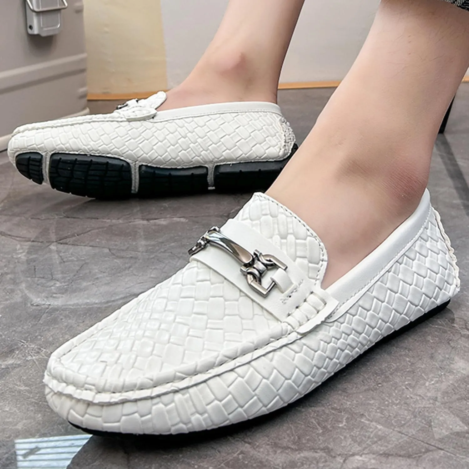 Men's Penny Loafers Woven Leather Driving Loafers Black Slip-On with Buckle Flats Boat Shoes Moccasins
