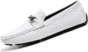 Men's Penny Loafers Woven Leather Driving Loafers Black Slip-On with Buckle Flats Boat Shoes Moccasins
