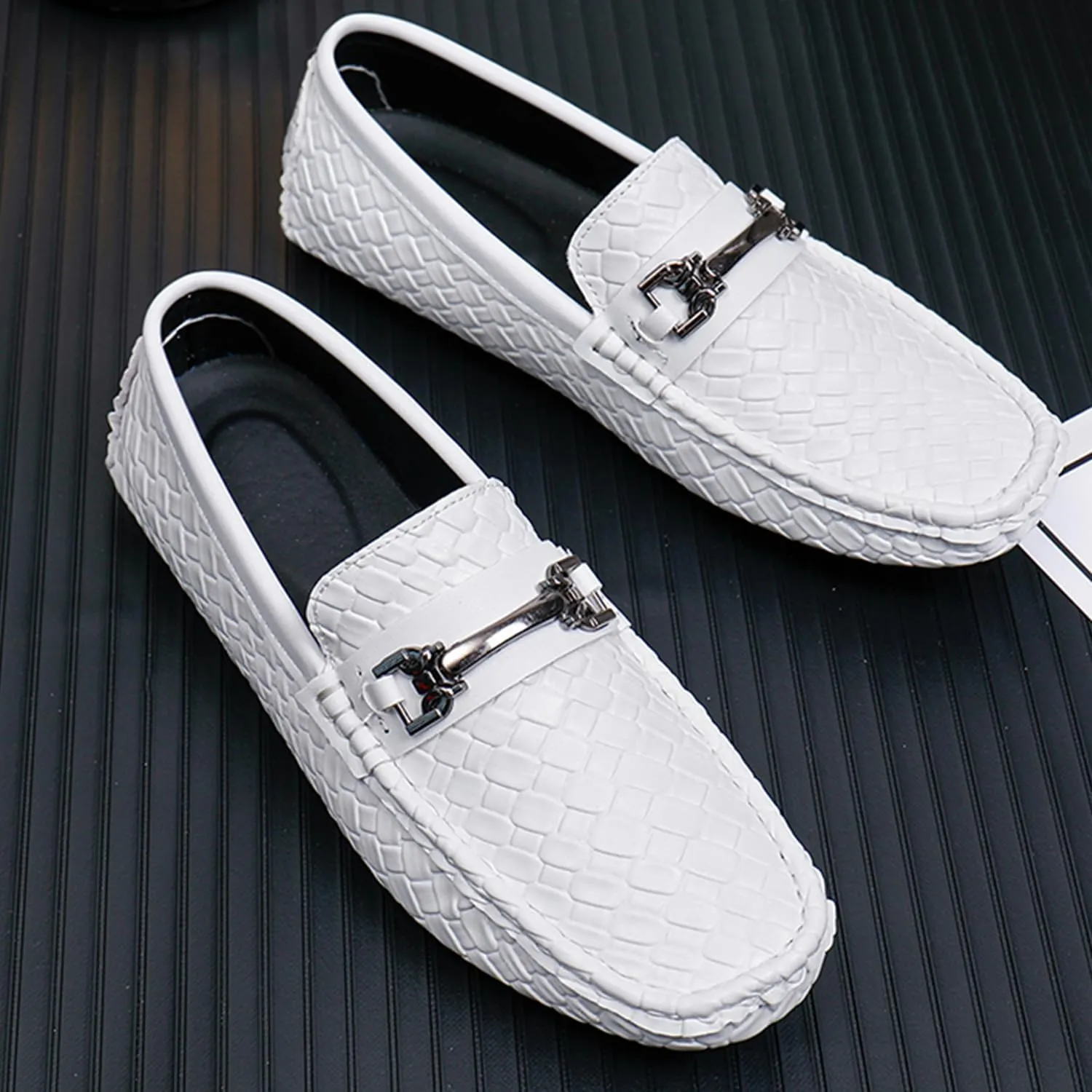 Men's Penny Loafers Woven Leather Driving Loafers Black Slip-On with Buckle Flats Boat Shoes Moccasins