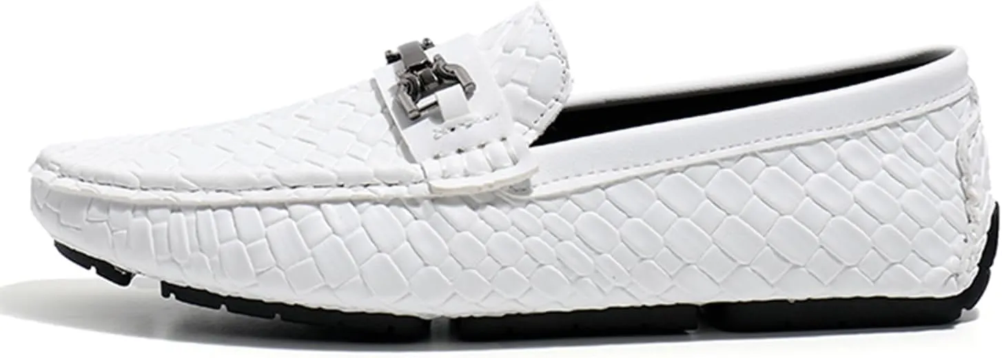 Men's Penny Loafers Woven Leather Driving Loafers Black Slip-On with Buckle Flats Boat Shoes Moccasins