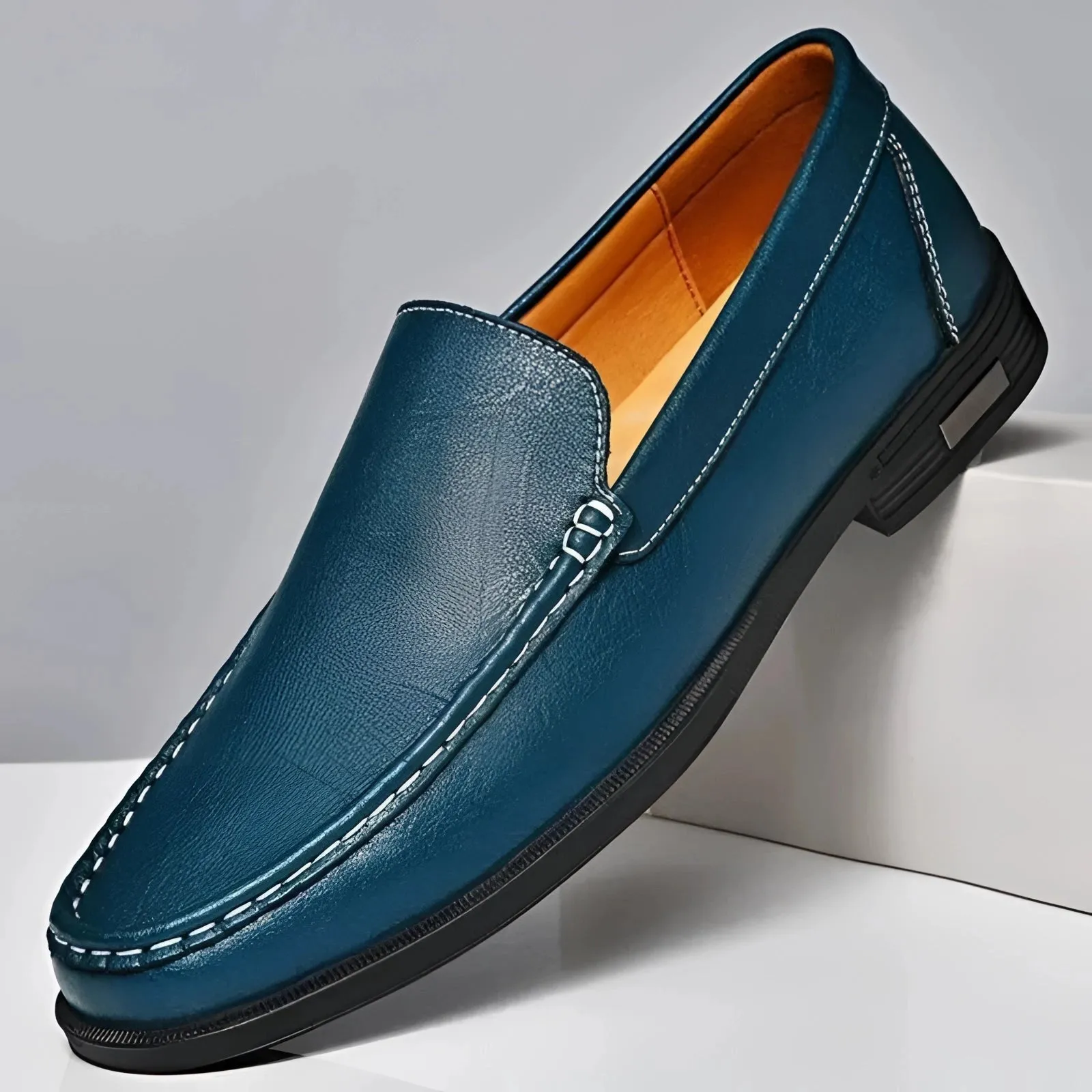 Men's Premium Blue Leather Penny Loafers - Luxury Slip-On Shoes
