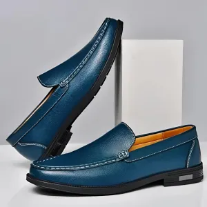Men's Premium Blue Leather Penny Loafers - Luxury Slip-On Shoes