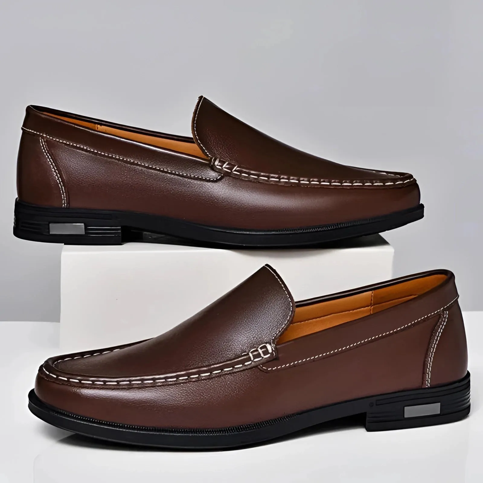 Men's Premium Blue Leather Penny Loafers - Luxury Slip-On Shoes