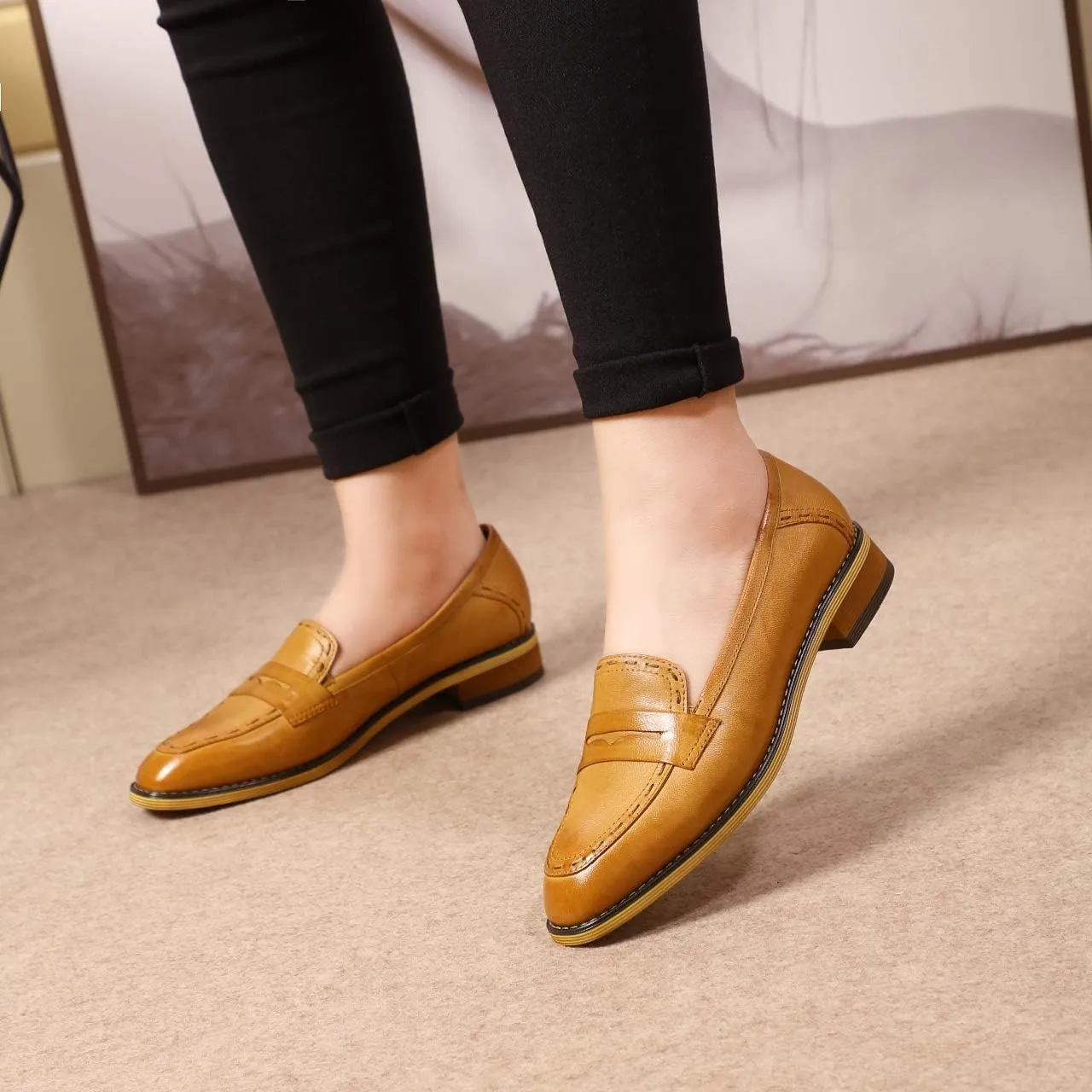 Mona flying Women's Leather Penny Loafers Slip On Flats Office Ladies Casual Shoes