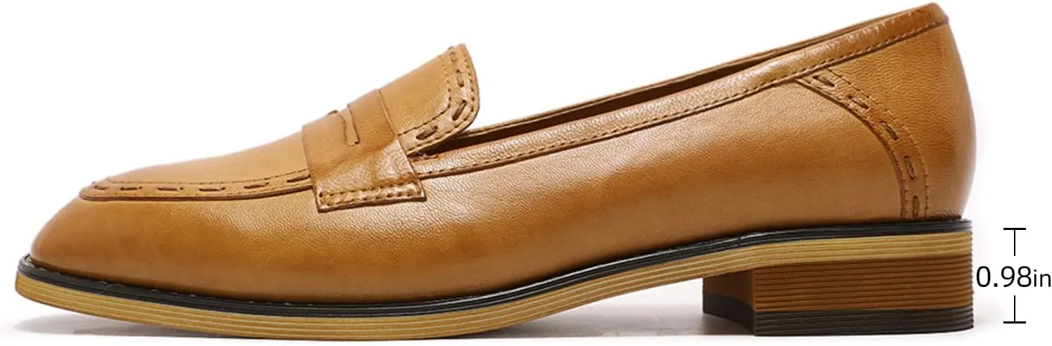 Mona flying Women's Leather Penny Loafers Slip On Flats Office Ladies Casual Shoes