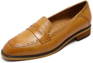 Mona flying Women's Leather Penny Loafers Slip On Flats Office Ladies Casual Shoes