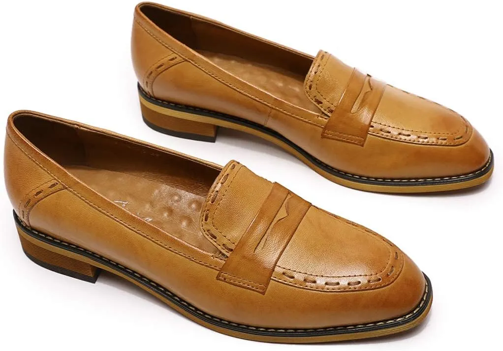 Mona flying Women's Leather Penny Loafers Slip On Flats Office Ladies Casual Shoes