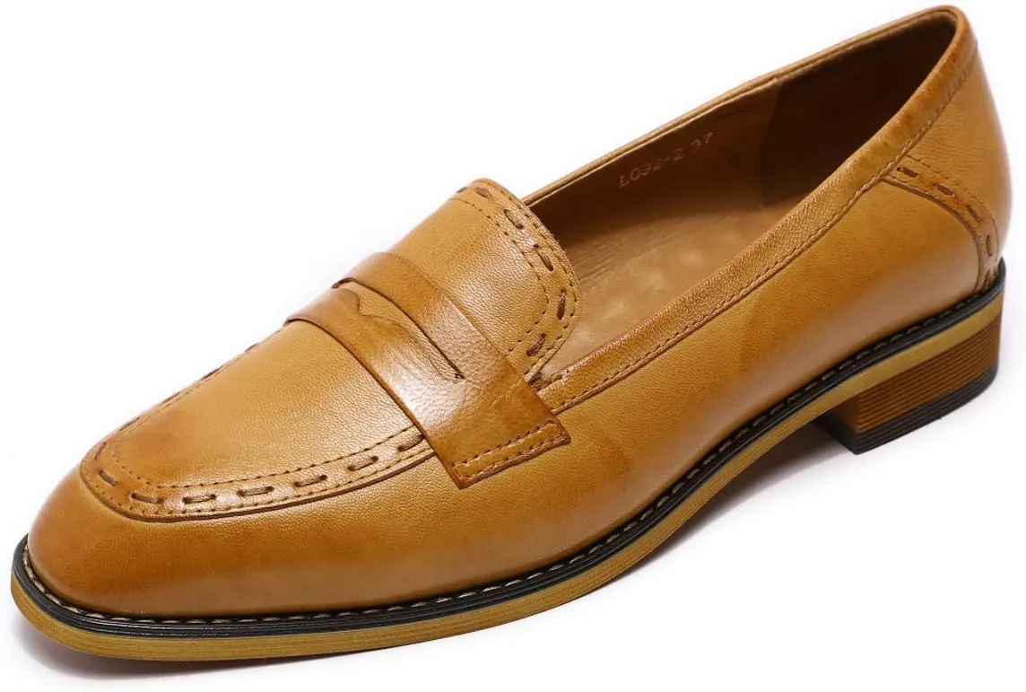 Mona flying Women's Leather Penny Loafers Slip On Flats Office Ladies Casual Shoes