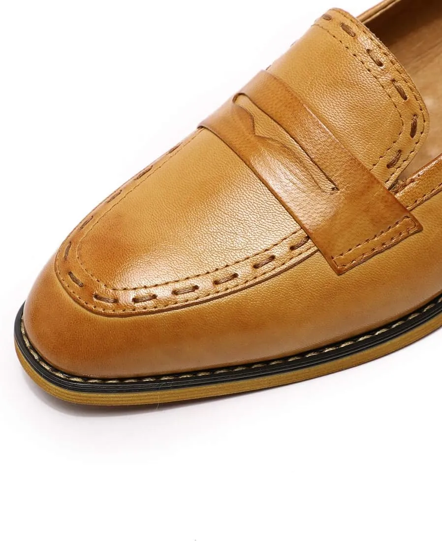 Mona flying Women's Leather Penny Loafers Slip On Flats Office Ladies Casual Shoes