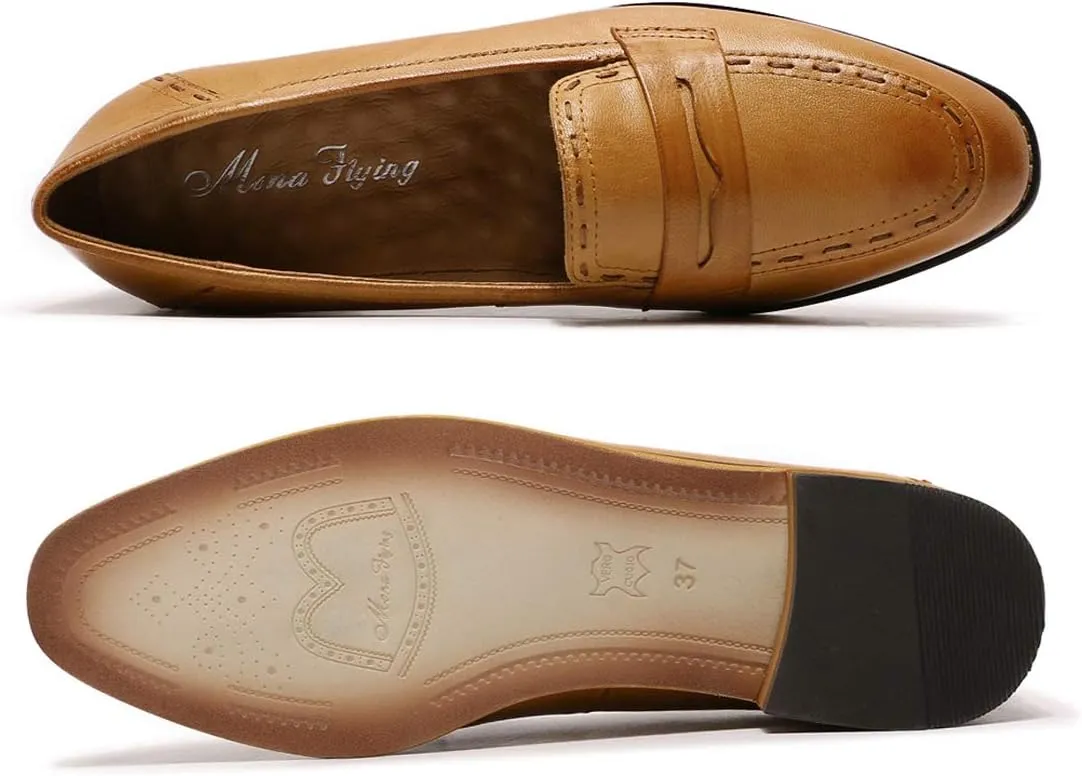 Mona flying Women's Leather Penny Loafers Slip On Flats Office Ladies Casual Shoes