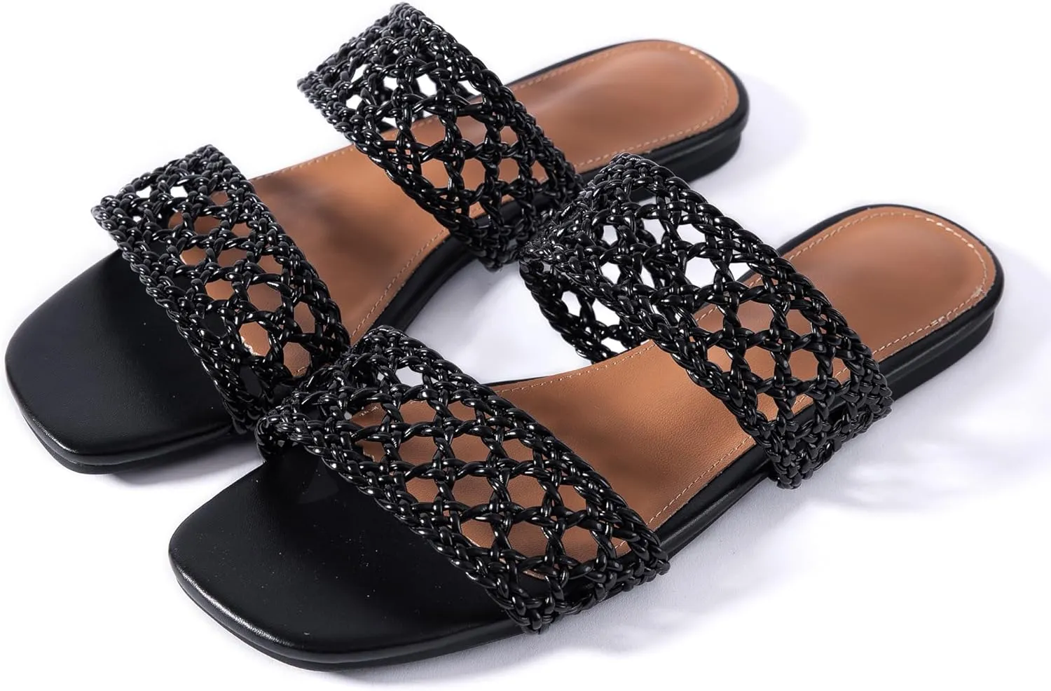 Mtzyoa Women's Sandals Casual Braided Dressy Summer Square Toe Quilted Flat Sandals