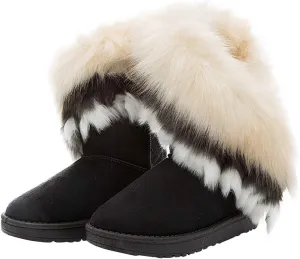 Naughtyangel Women Winter Warm Snow Ankle Boots Low Heels Faux Fox Rabbit Fur Tassel Shoes