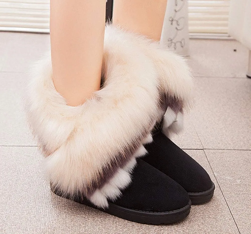Naughtyangel Women Winter Warm Snow Ankle Boots Low Heels Faux Fox Rabbit Fur Tassel Shoes