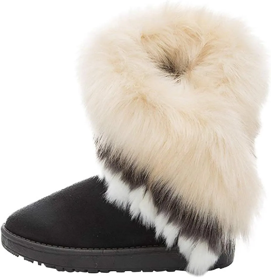 Naughtyangel Women Winter Warm Snow Ankle Boots Low Heels Faux Fox Rabbit Fur Tassel Shoes