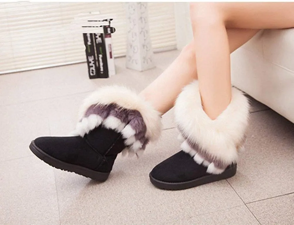 Naughtyangel Women Winter Warm Snow Ankle Boots Low Heels Faux Fox Rabbit Fur Tassel Shoes