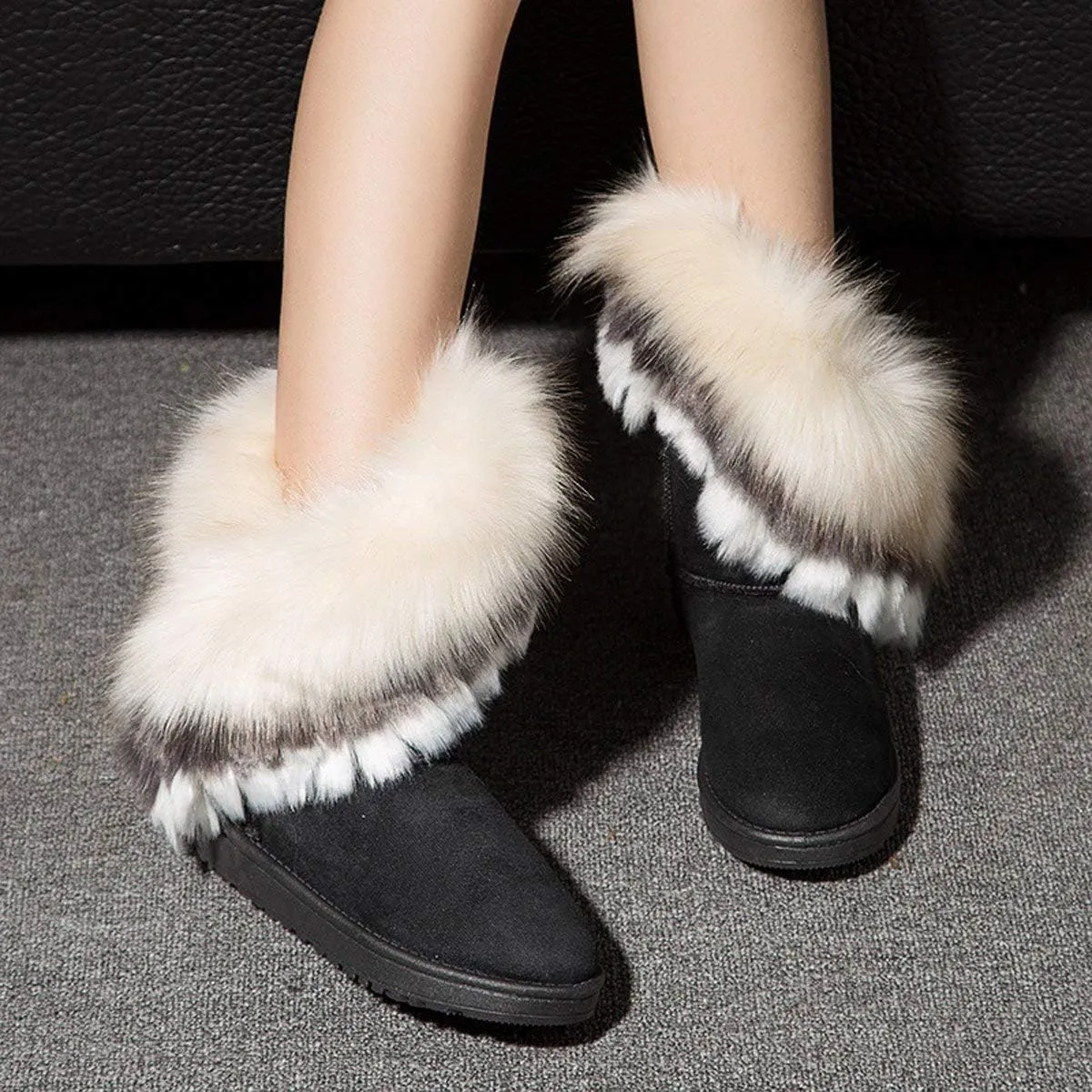 Naughtyangel Women Winter Warm Snow Ankle Boots Low Heels Faux Fox Rabbit Fur Tassel Shoes