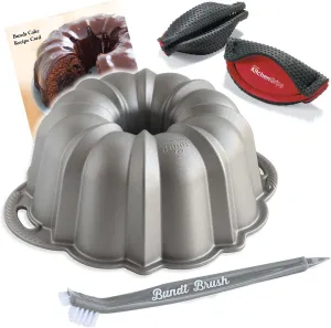 Nordic Ware Platinum Silver Anniversary 12 Cup Bundt Pan With Cleaning Tool   Kitchen Grips Pot Holder and Recipe Card