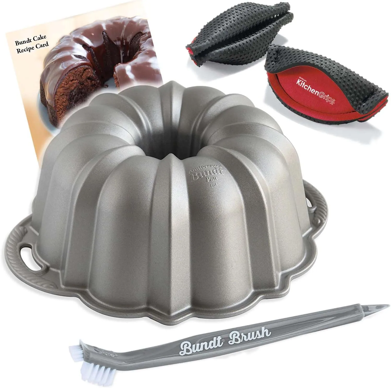 Nordic Ware Platinum Silver Anniversary 12 Cup Bundt Pan With Cleaning Tool   Kitchen Grips Pot Holder and Recipe Card
