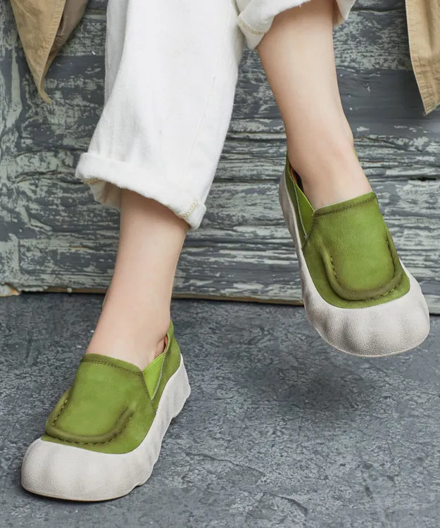 Platform Shoes Handmade Flat Feet Cowhide Splicing Leather Green