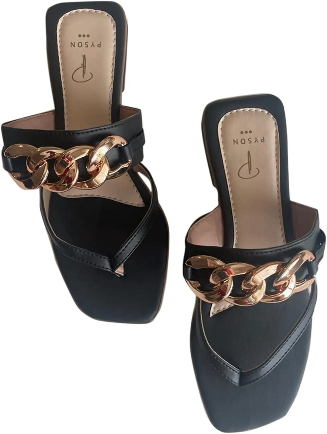 Pyson Faux Leather Fashionable, Comfortable & Durable Gold Chain Slip On Sandals Footwear for Women and Girls