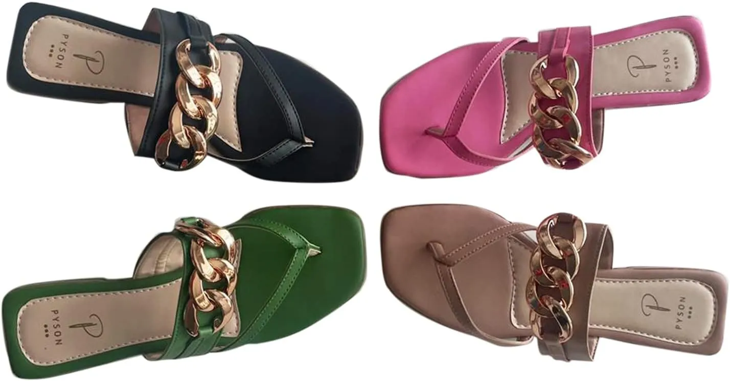 Pyson Faux Leather Fashionable, Comfortable & Durable Gold Chain Slip On Sandals Footwear for Women and Girls