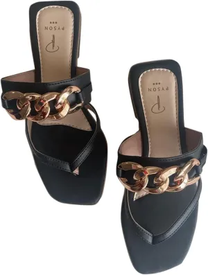 Pyson Faux Leather Fashionable, Comfortable & Durable Gold Chain Slip On Sandals Footwear for Women and Girls