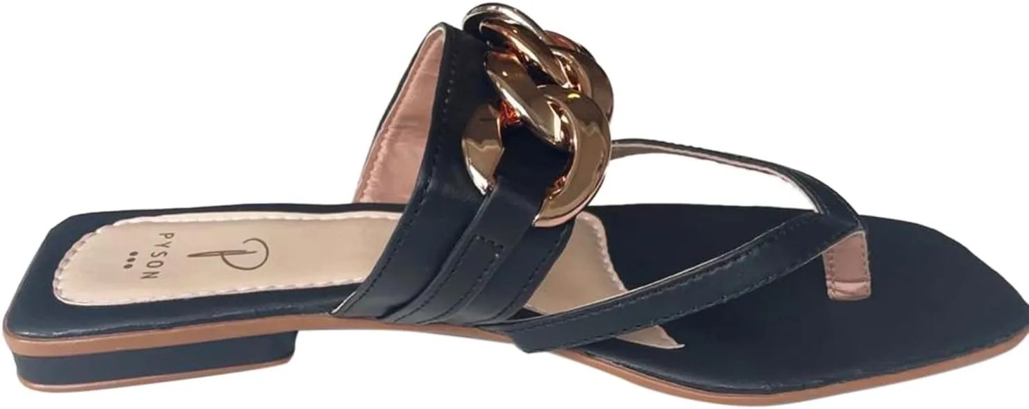 Pyson Faux Leather Fashionable, Comfortable & Durable Gold Chain Slip On Sandals Footwear for Women and Girls