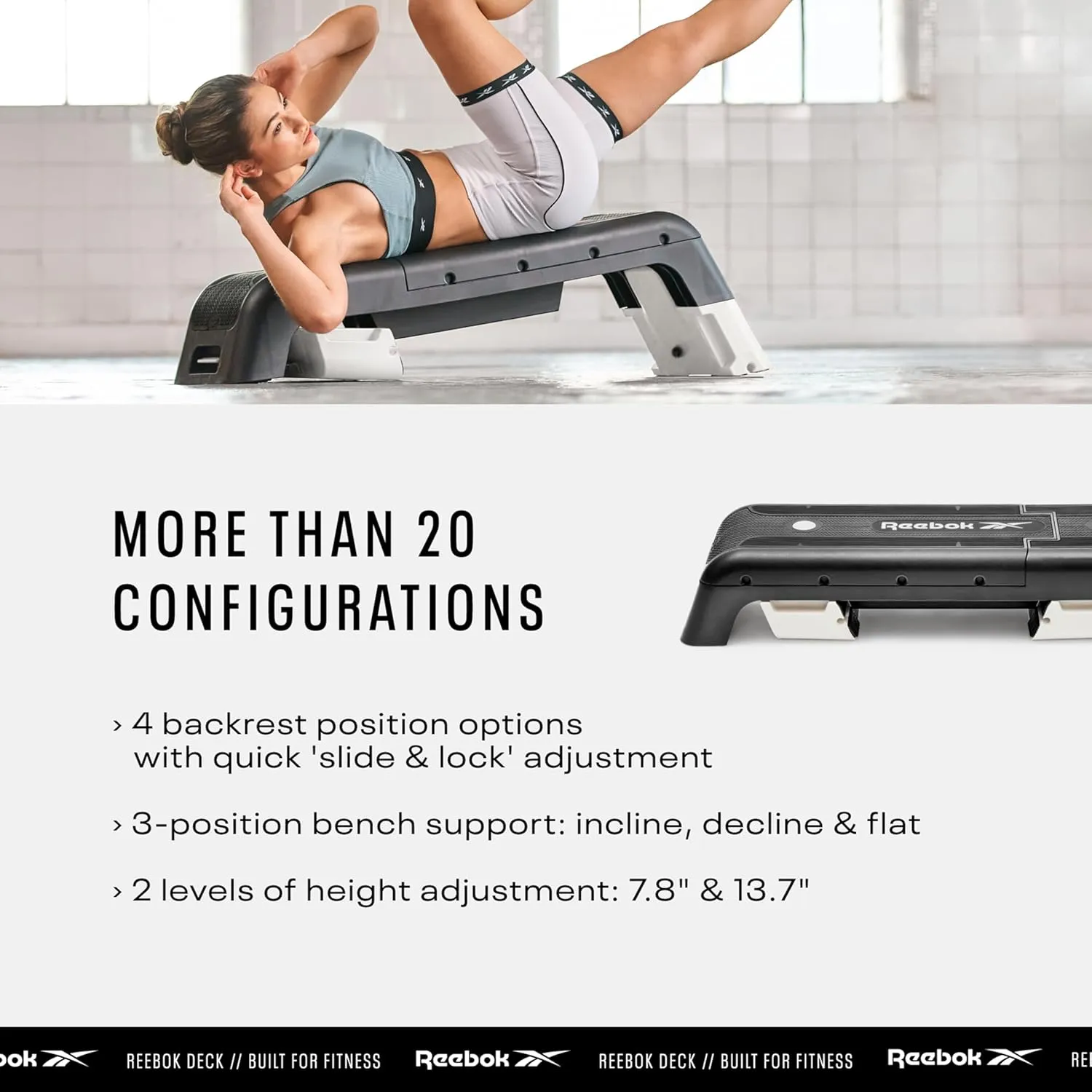 Reebok Fitness Adjustable Weight Bench and Workout Deck: Multipurpose Fitness Home Gym Bench for All Types of Training, 20  Bench Configurations