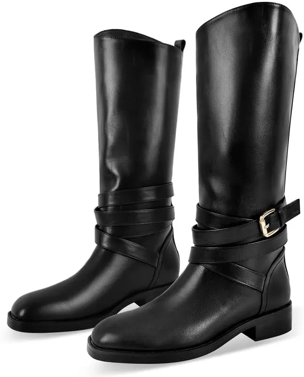 Riding Boots for Women Flat Wide Calf Low Heels Boot Knee High Pointed Toe Buckle Booties