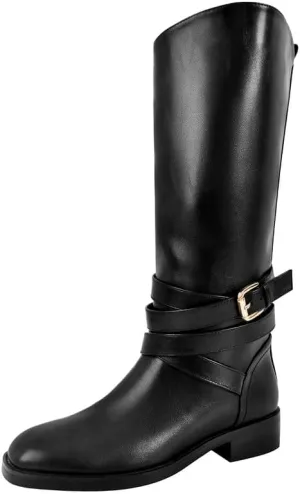 Riding Boots for Women Flat Wide Calf Low Heels Boot Knee High Pointed Toe Buckle Booties