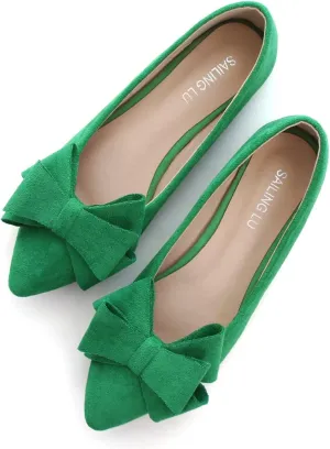 SAILING LU Bowknot Ballet Flats Womens Pointy Toe Casual Flat Shoes Suede Dress Shoes Wear to Work Slip On Moccasins