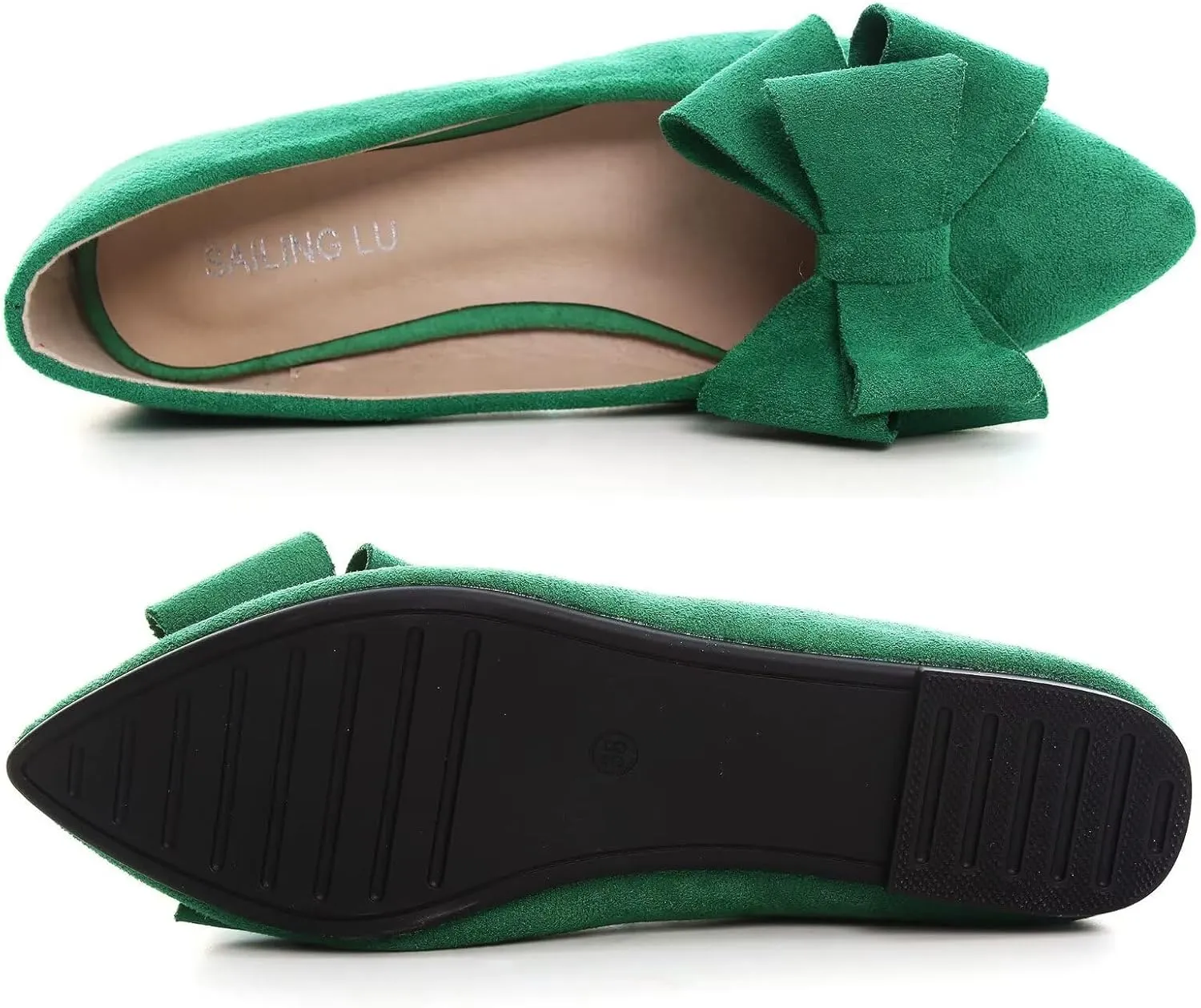 SAILING LU Bowknot Ballet Flats Womens Pointy Toe Casual Flat Shoes Suede Dress Shoes Wear to Work Slip On Moccasins