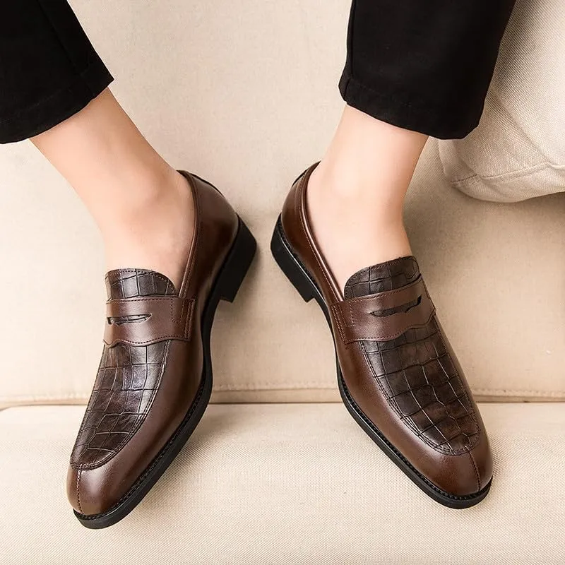 Santimon Mens Penny Loafers with Alligator Print Leather Business Dress Slip on Formal Loafer Shoes for Men