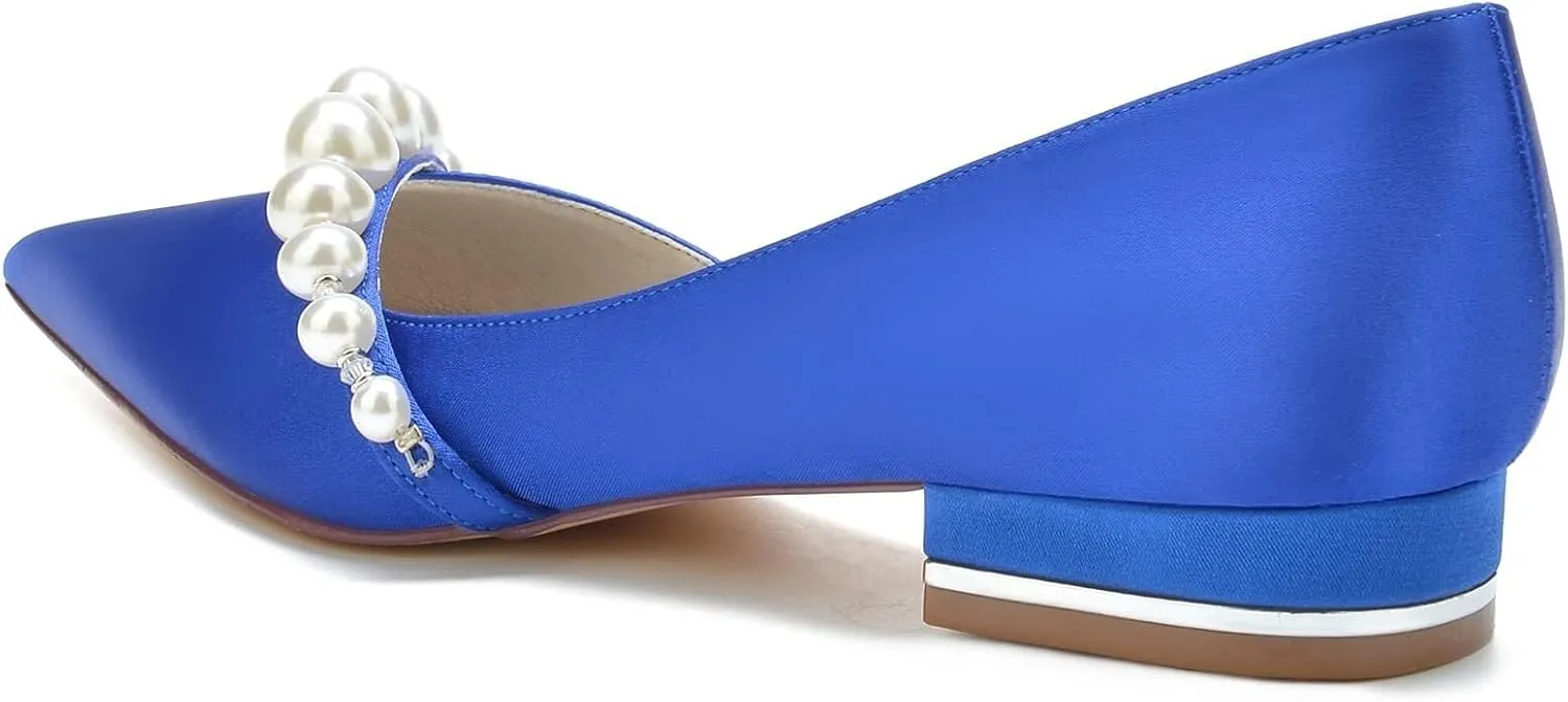 Satin Pearl Wedding Flats Pointed Toe Closed Toe Bridal Shoes Prom Evening Party Women Dress Shoes Flat Sandals