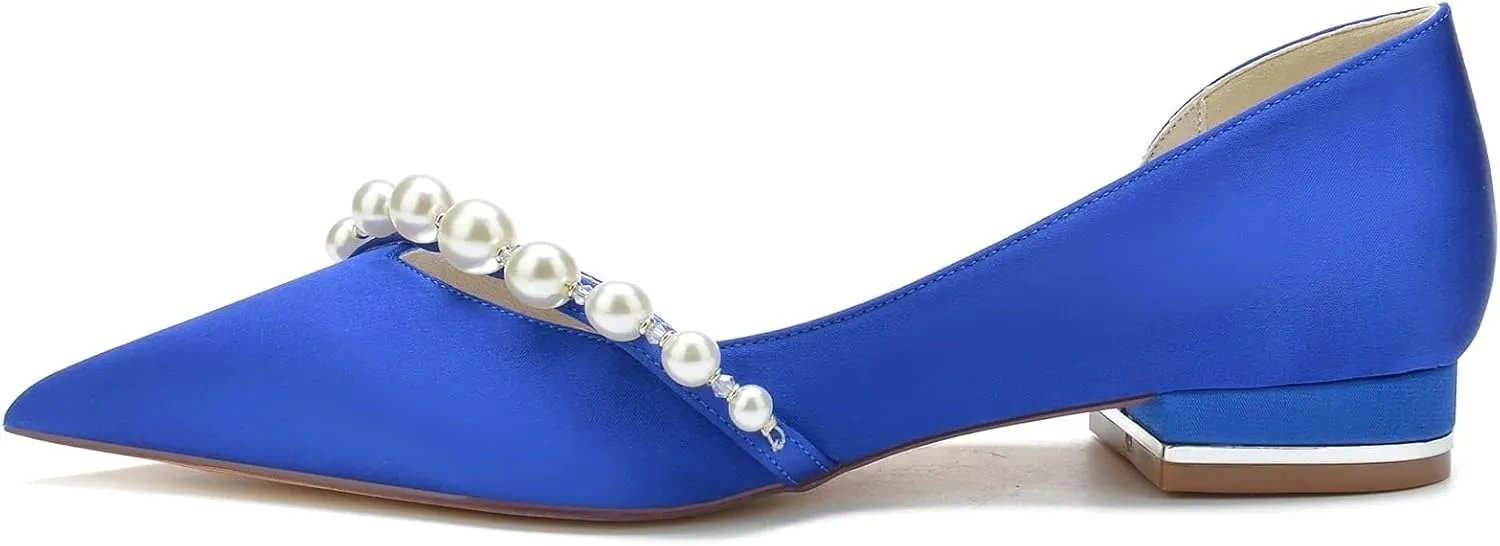 Satin Pearl Wedding Flats Pointed Toe Closed Toe Bridal Shoes Prom Evening Party Women Dress Shoes Flat Sandals