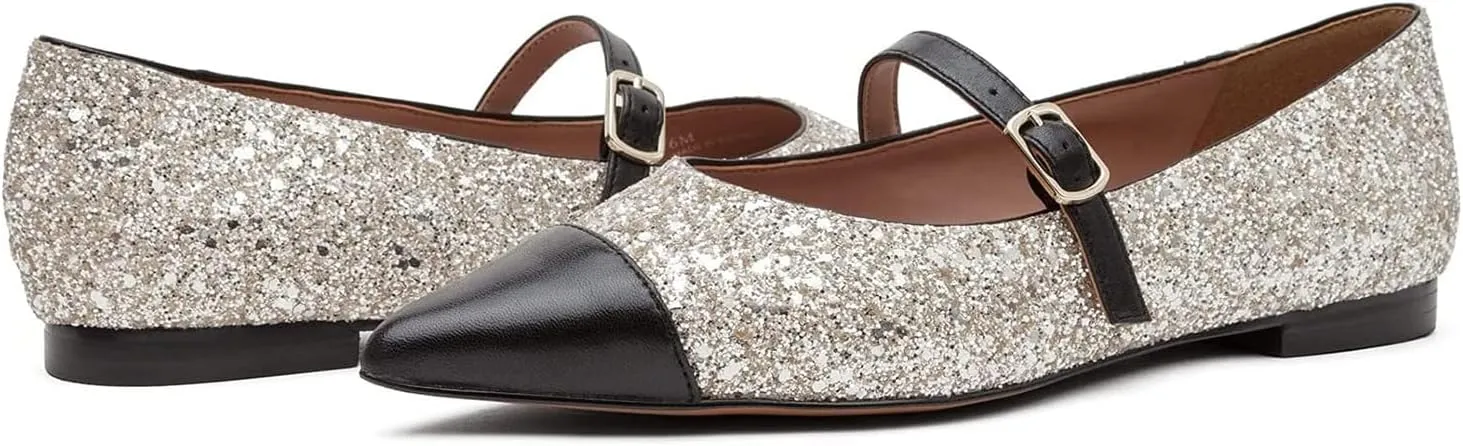 SHODENSE Women Cap Toe Flats Shoes Ankle Strap Pointed Closed Toe Flat Heel Mary Janes Two Tone Comfort 1" Low Chunky Heel Dress Shoes Pumps Office Ladies Driver Ballet Flats 4-10 M US