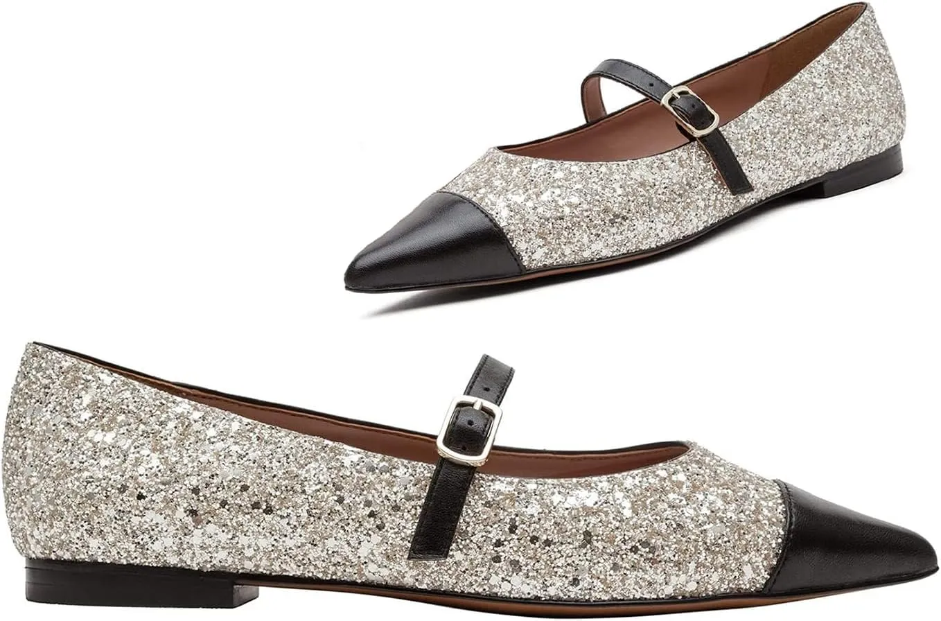 SHODENSE Women Cap Toe Flats Shoes Ankle Strap Pointed Closed Toe Flat Heel Mary Janes Two Tone Comfort 1" Low Chunky Heel Dress Shoes Pumps Office Ladies Driver Ballet Flats 4-10 M US