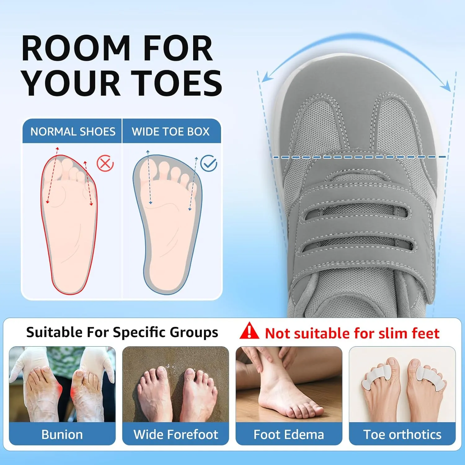 STQ Wide Toe Box Shoes Wome, Hook and Loop Orthopedic Walking Shoe for Seniors, Bunions, Plantar Fasciitis, Hammertoes, Swollen Feet