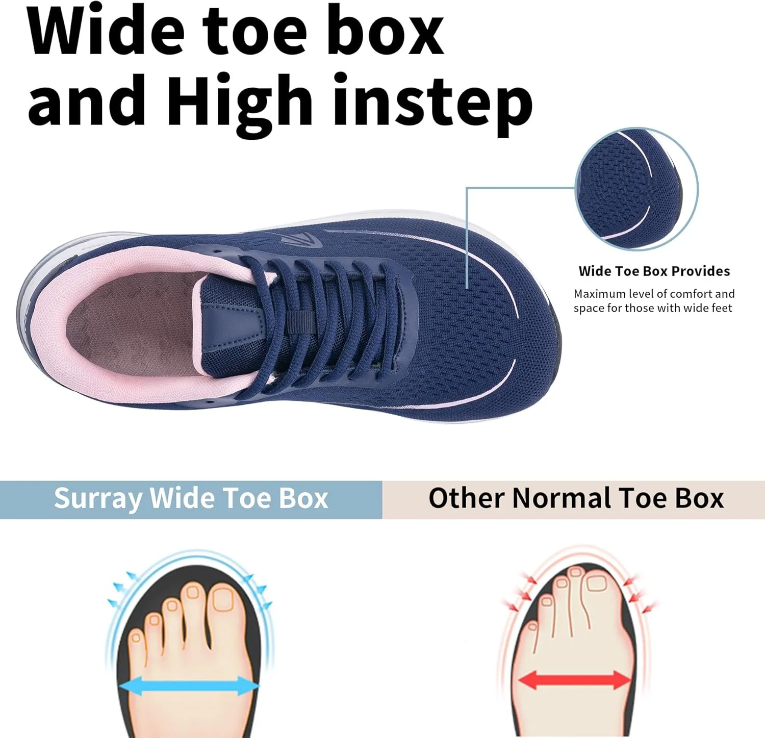 SURRAY Women Wide Toe Box Walking Shoes with Arch Support Tennis Running Sneakers Extra Wide Width Woman Shoe for Plantar Fasciitis Flat Foot Heel Pain Relief US Size 6-11