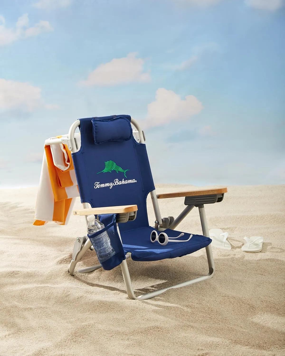 Tommy Bahama Kid's 5-Position Lay Flat Backpack Folding Beach Chair, Solid Navy Wavy Marlin