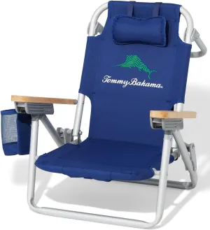 Tommy Bahama Kid's 5-Position Lay Flat Backpack Folding Beach Chair, Solid Navy Wavy Marlin